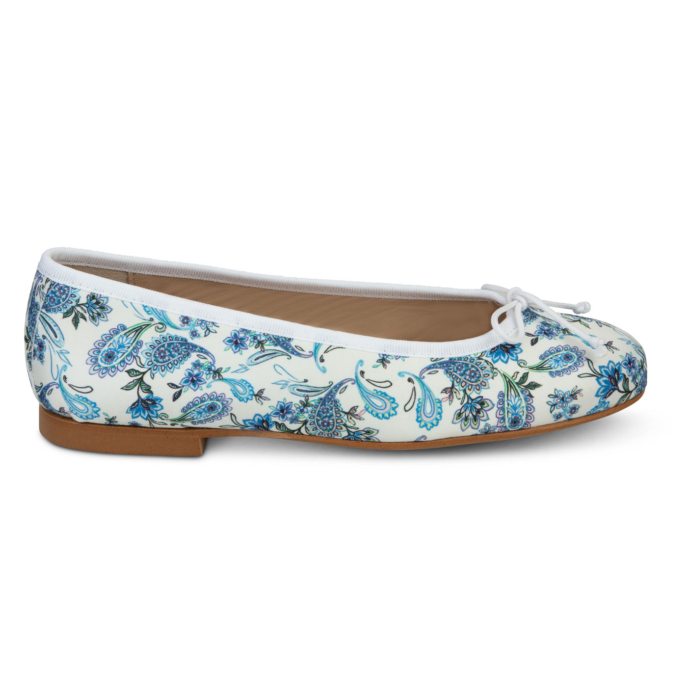 A pair of classic printed ballet flats in azure, featuring a rounded toe and a delicate bow on the front.