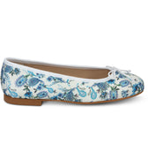 A pair of classic printed ballet flats in azure, featuring a rounded toe and a delicate bow on the front.